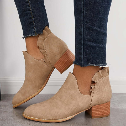 V-Cut Ruffle Ankle Boots Slip on Chunky Stacked Heel Booties