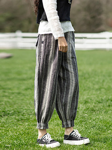 Plus Size Women Retro Stripe Yarn-dyed Pocket Loose Linen Harem Pants