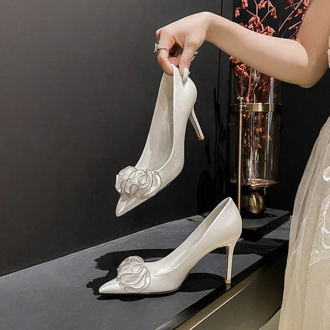 New French white wedding shoes bridal shoes light luxury dress shoes pointed high heels for women