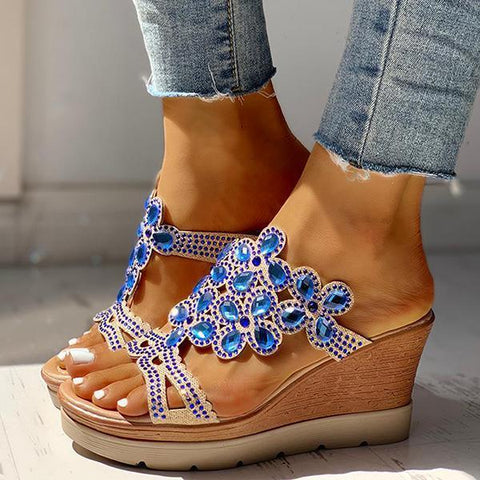 Rhinestone Embellishment Platform Wedges Slip-on Sandals