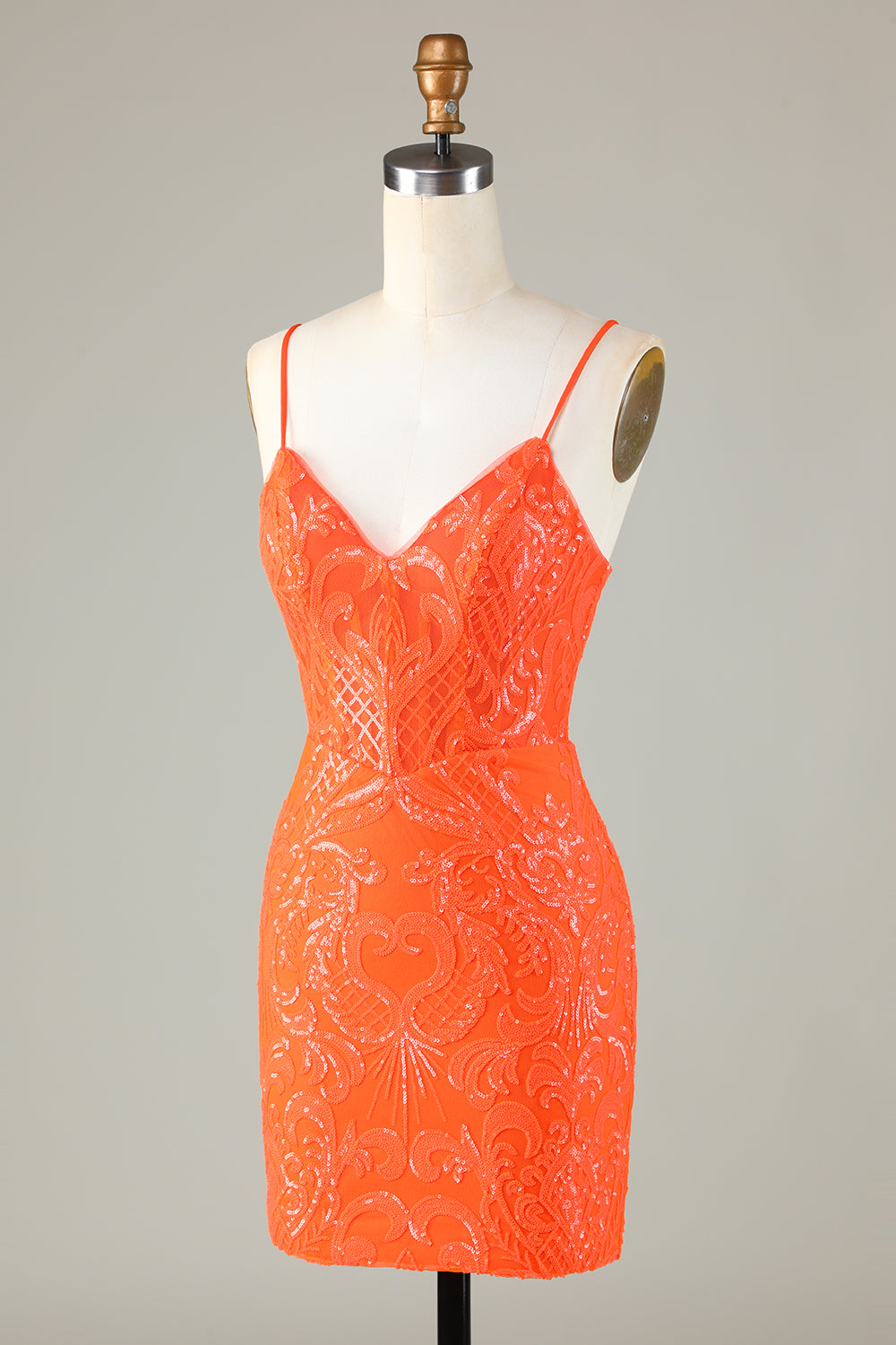Sparkly Sheath Spaghetti Straps Orange Sequins Corset Homecoming Dress