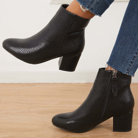 Chunky Block Mid Heel Ankle Boots Side Zipper Booties
