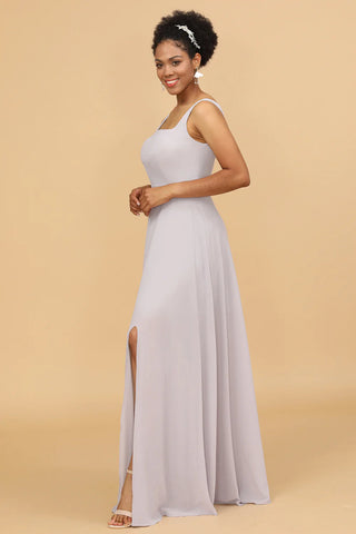 Graues Chiffon-Brautjungfernkleid mit eckigem Ausschnitt