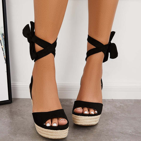 Lace up Espadrille Heel Platform Wedges Ankle Strap Sandals