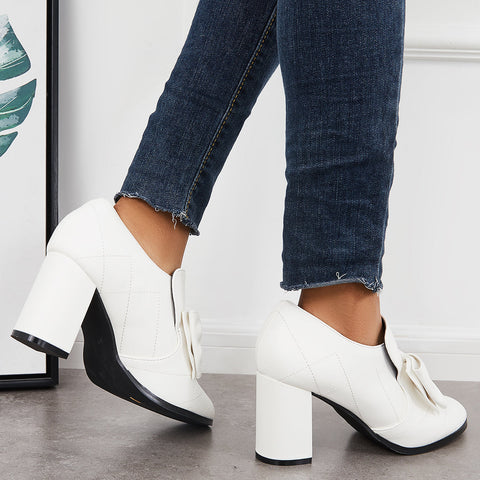 Bowknot Pointed Toe Chunky High Heel Pumps Slip on Dress Shoes