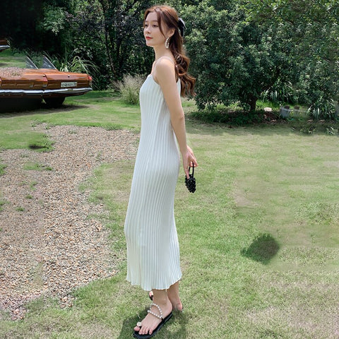 Spaghetti Strap Pleated Satin Dress Loose Casual Sexy Korean Party Dress Long Midi Dress Straight Slash Neck Summer Dress