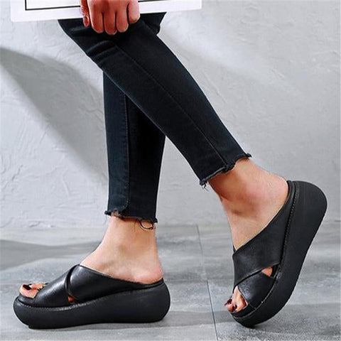 Red Platform Criss Cross Slides Slip on Slide Sandals
