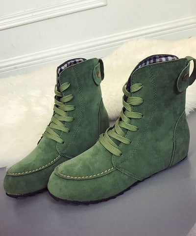 0508Elegant Rose Lace Up Splicing Flat Boots Suede
