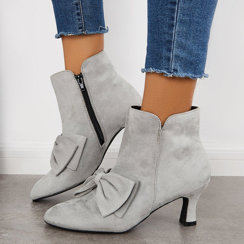 Bowknot Kittten Heel Ankle Boots Side Zipper Dress Short Booties