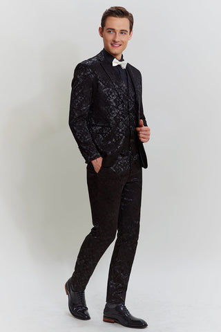Schwarzer 3-teiliger Jacquard-Anzug mit Jacke, Weste und Hose für Herren