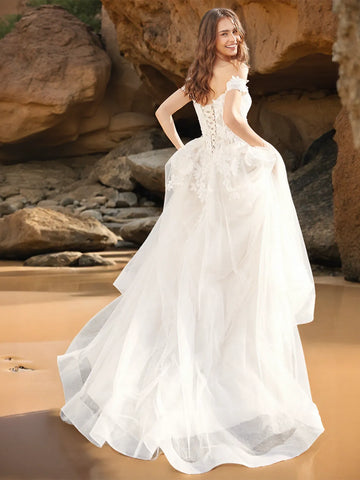 Illusion Off Shoulder Lace Embroidery Outdoor Wedding Dress With Chapel Train