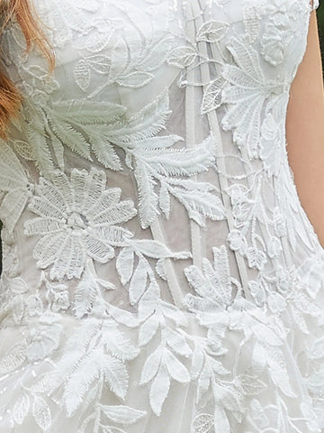 Illusion Off Shoulder Lace Embroidery Outdoor Wedding Dress With Chapel Train