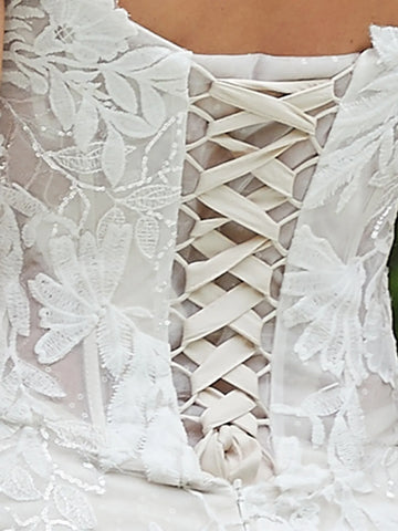 Illusion Off Shoulder Lace Embroidery Outdoor Wedding Dress With Chapel Train