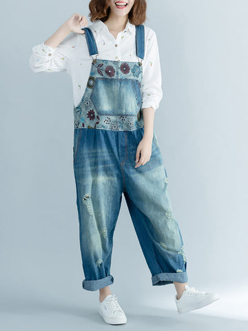 Women Summer Vintage Flower Spliced Frayed Denim Jumpsuits