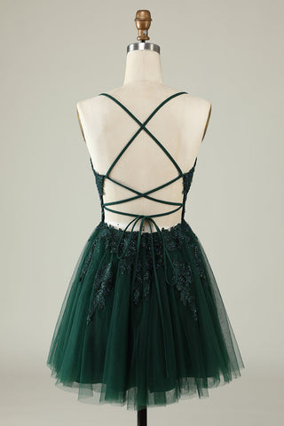 A Line Spaghetti Straps Grey Blue Short Homecoming Dress with Appliques