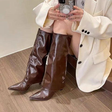 Wind Trouser Boots Women High Heel Shoes 2024 Spring Autumn New Lady Soft Leather Thin Heels Pointed Knee Length Knight Boots
