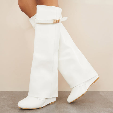 Women Pointed Toe Fold Over Wedge Heel Knee High Boots