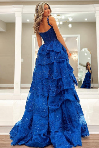 Blue Tulle Sequin Sweetheart Ruffle Tiered Long Gown
