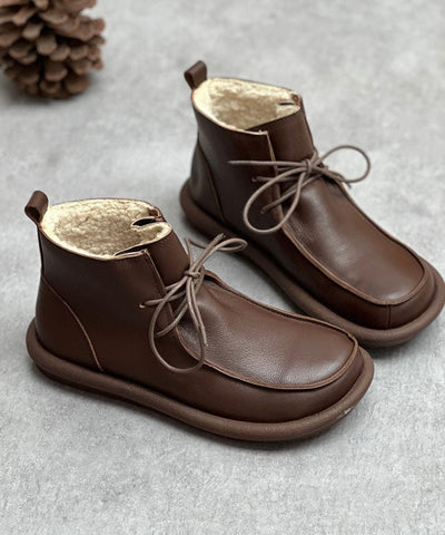 Retro Lace Up Boots Coffee Fuzzy Wool Lined Cowhide Leather