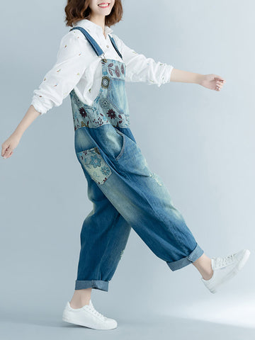 Women Summer Vintage Flower Spliced Frayed Denim Jumpsuits