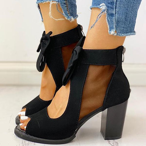 Mesh Chunky Block Heels Bowknot Strappy Sandals