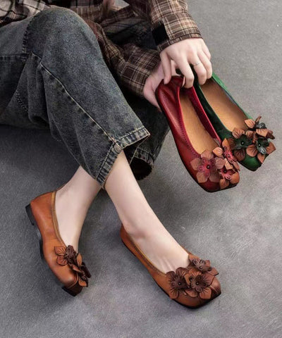 Braune Flache Schuhe Rindsleder Retro Spleißen Floral