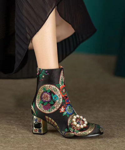 Bohemian Black Embroidery Nail Bead Zircon Chunky Heel Boots