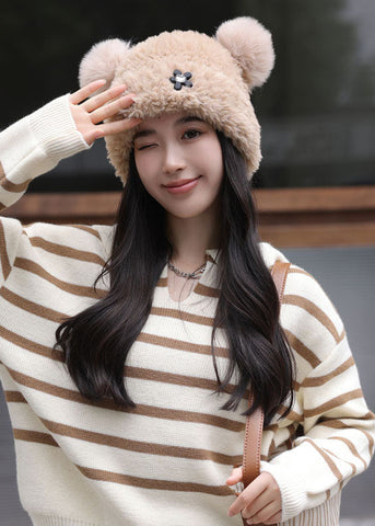 Boutique Khaki Bonnet-Mütze aus warmem Fleece und gestrickter Baumwolle mit Ohrenschutz