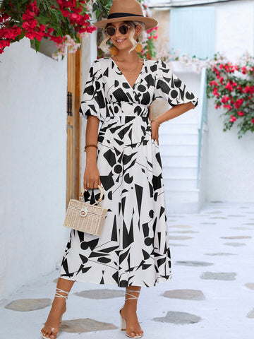 Bedrucktes Kleid mit Überwurf und Ballonärmeln