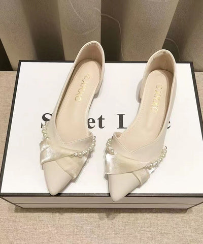 Schwarze Schleife Perle Splicing Boutique Flache Schuhe Spitzschuh
