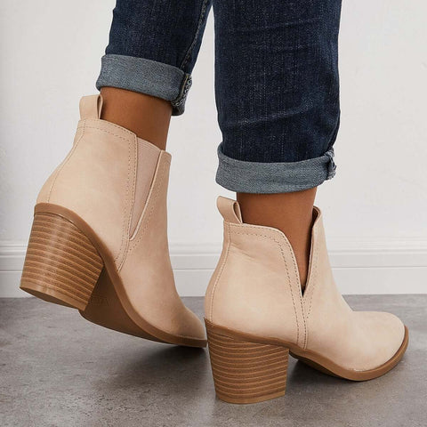 Cutout Western Ankle Cowboy Boots Chunky Stacked Heel Booties