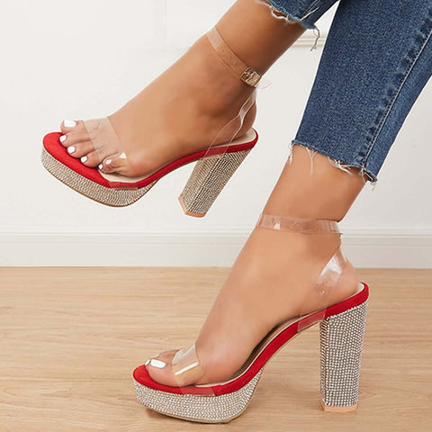 Rhinestone Chunky Block High Heels Ankle Strap Sandals