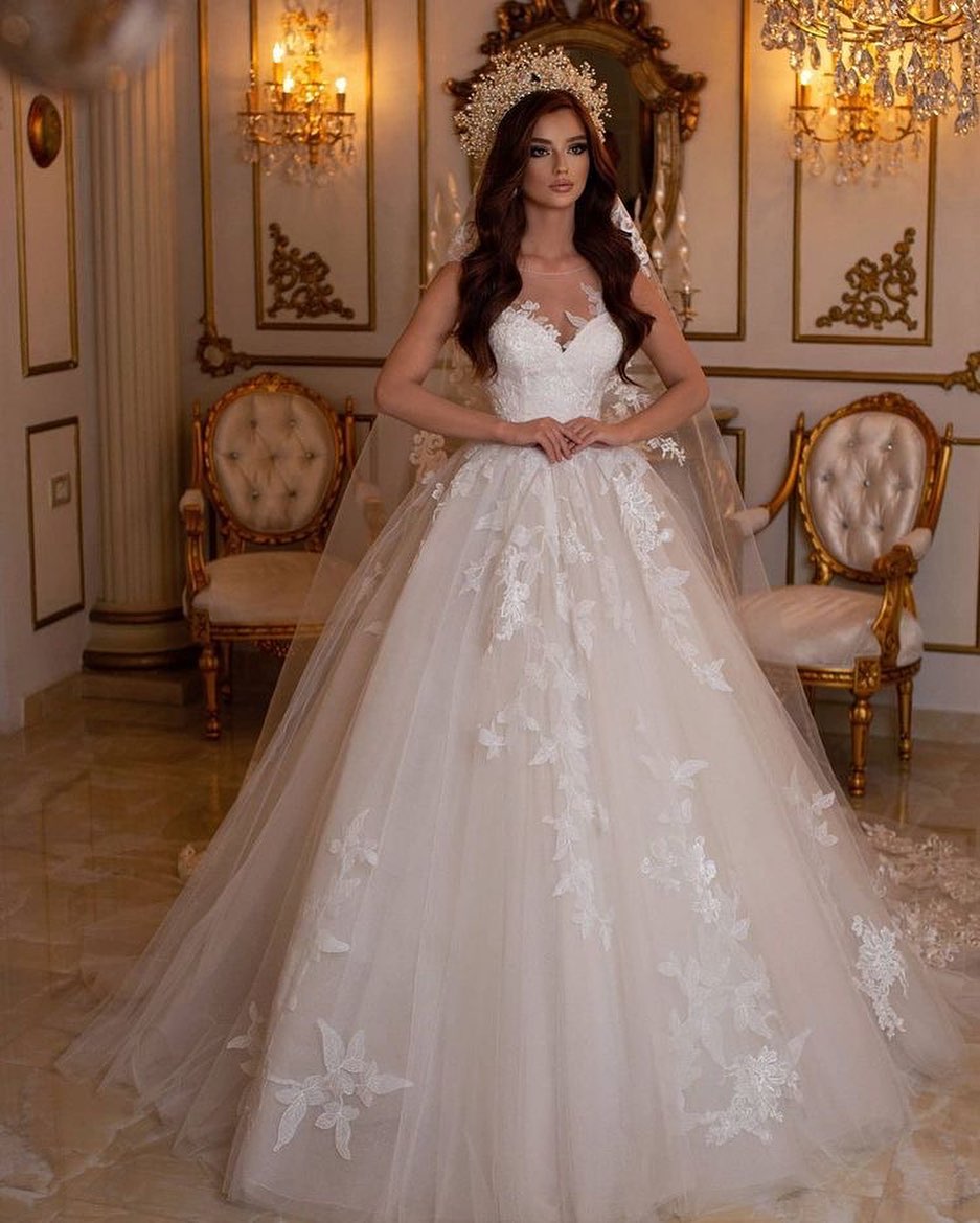 Bmbridal Sleeveless Princess Tulle Wedding Dress With Appliques