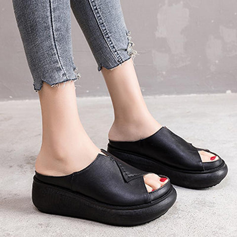 Women 2022 Sewing Platform Casual Leather Slippers