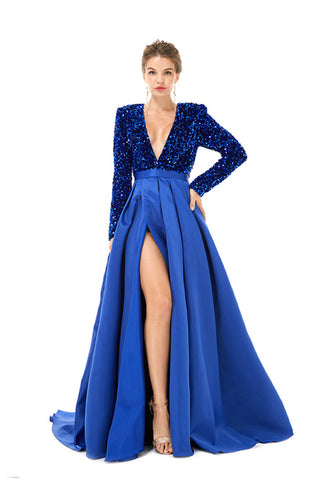Long Sleeves Prom Dress V-Neck Slit With Sequins