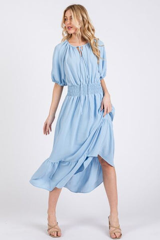 Blue Elastic Waist Tie Neck Puff Sleeve Midi Resort Dress
