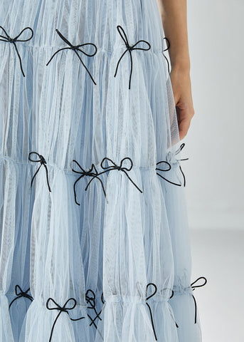 Women Sky Blue High Waist Patchwork Bow Tulle Skirt Summer