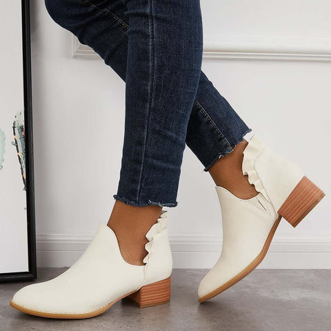 V-Cut Ruffle Ankle Boots Slip on Chunky Stacked Heel Booties