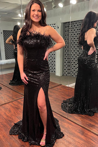 Mermaid Strapless White Sequins Plus Size Prom Dress with Feathers
