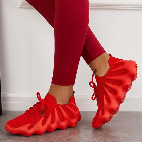 Pink Breathable Lace Up Running Sneakers Knit Athletic Shoes