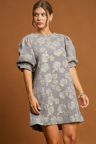 Floral Jacquard Puff Sleeve Mini Resort Dress