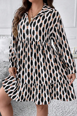 Plus Size Printed Johnny Collar Long Sleeve Resort Dress