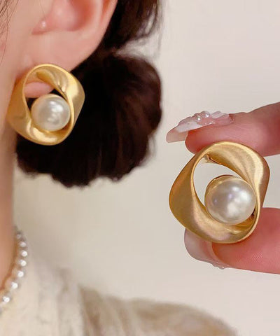 Stylish Silk Copper Overgild Pearl Stud Earrings