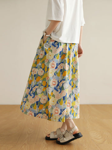 Summer Women Artsy Flower Drawstring Pocket Skirt
