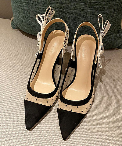 Wunderschöne Tüll Splicing Stiletto Sandalen Black Dot Wildleder