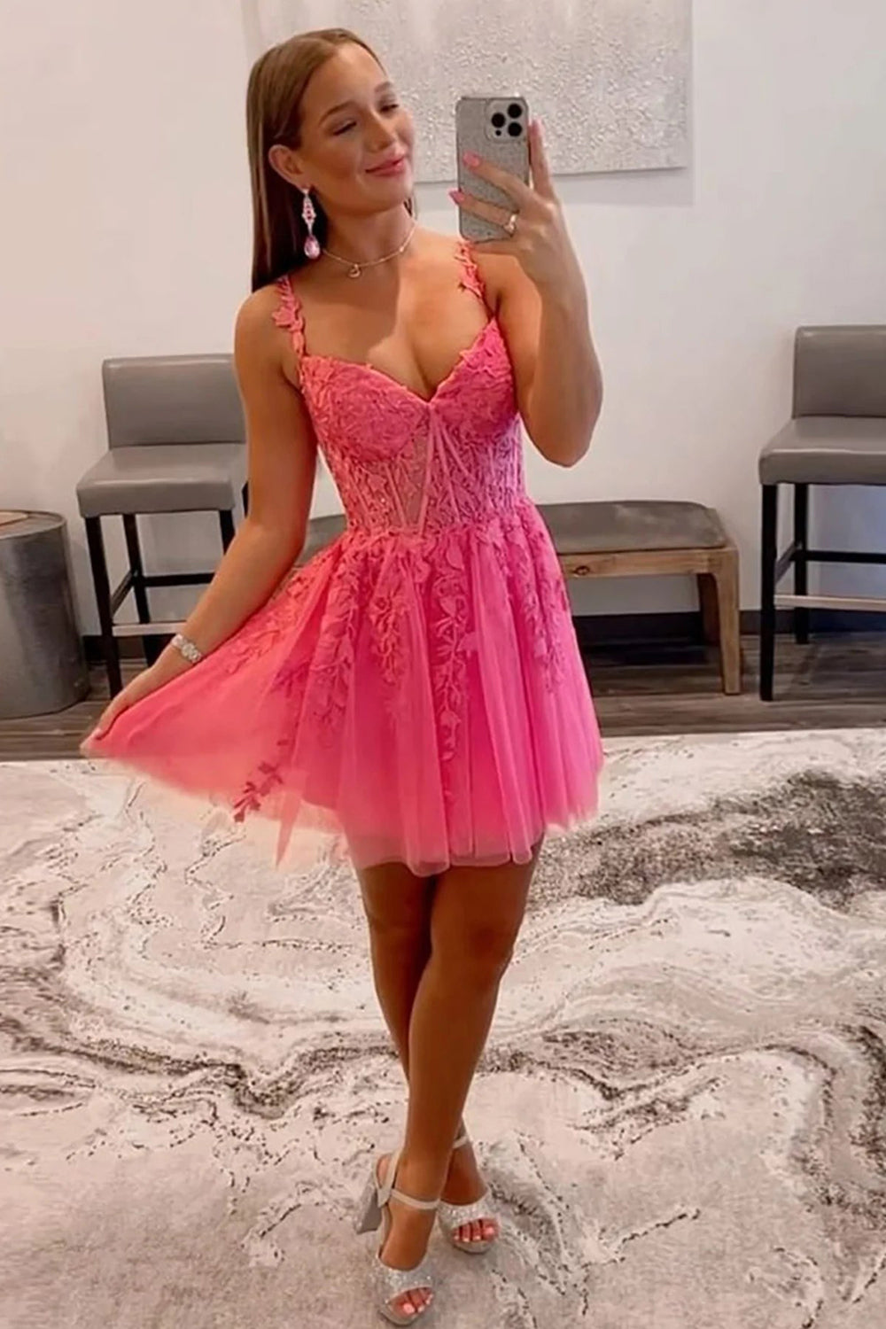 A Line Off the Shoulder Pink Short Homecoming Dress with Appliques
