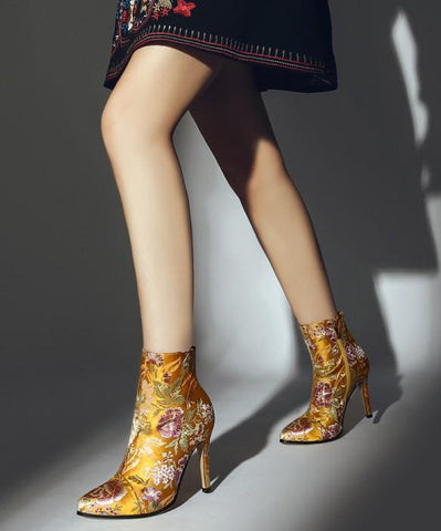Elegant Yellow Embroidered Zippered Silk Velour High Heel Ankle Boots
