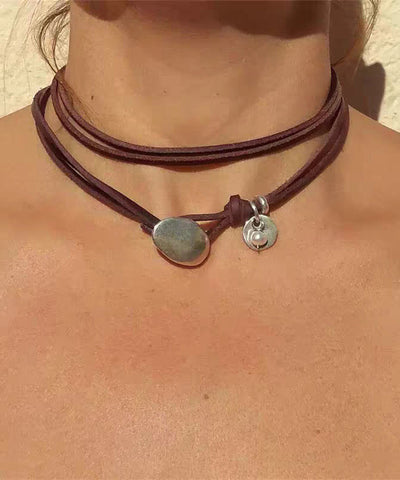 Handmade Brown Leather Strap Alloy Turquoise Multi-Layer Necklace