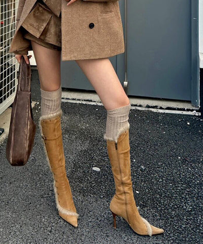 Fine Splicing Stiletto Boots Yellow Suede Fuzzy Wool Lined Pointed Toe