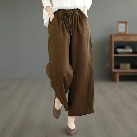 Women Summer Solid Loose Linen Casual Wide Leg Pants